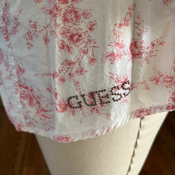 GUESS Los Angeles Women's Ivory/Pink Floral Snap closure Roll up Sleeves Top S - Picture 4 of 11